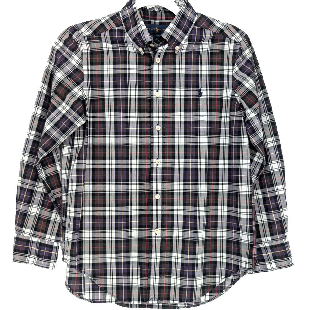 Ralph Lauren Kids Boys Purple‎ Plaid Button Down Shirt Size M 10-12 Long Sleeve